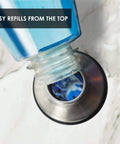 Refilling Multipurpose Kitchen Sink Soap Dispenser in Brushed Nickel, stainless steel pump top view, easy refills from the top.