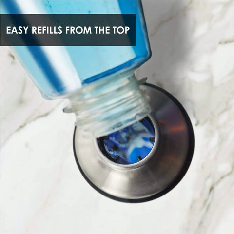 Refilling Multipurpose Kitchen Sink Soap Dispenser in Brushed Nickel, stainless steel pump top view, easy refills from the top.