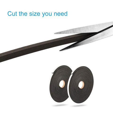 Kick Those Stubborn Drafts With Heavy Duty Foam Seal Tape For Doors And Windows Soundproof Weather Stripping Single Sided Cushioned Gap Filler Blocks Chill Air And Hiss 3 8 By 3 16 2 Rolls being cut with scissors.