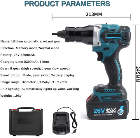 Pro Level Cordless Rivet Nut Gun With Brushless Motor And Lightning Fast Three Second Pull For Auto Shop And Rv Work Featuring Slick Ergonomic Handle and features visible.
