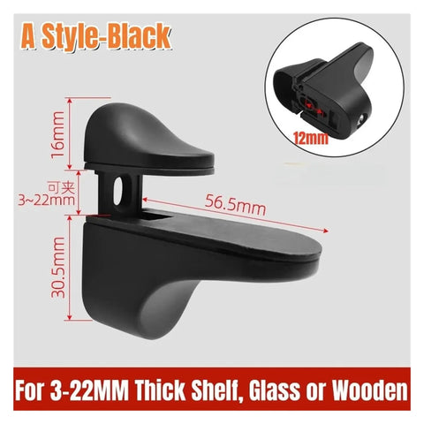 Beefed-Up Shelf Clamp Set 4 Pack for Wood and Glass Adjustable Wall Mount Brackets, black style, dimensions labeled