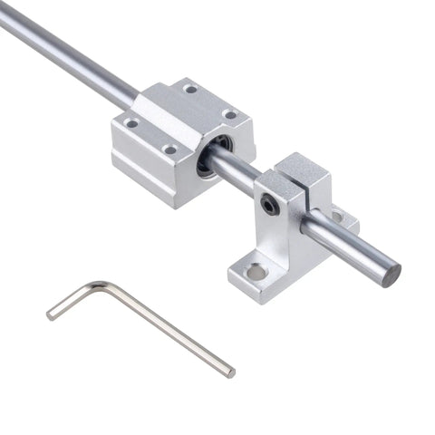 Two 12mm x 500mm Linear Rails, Four SCS12UU Block Bearings, Four SK12 Support Bases, And One Wrench in motion kit