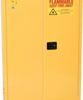 Heavy Duty American Made 45 Gallon Flammable Liquid Storage Cabinet With Self Closing Latches, yellow steel cabinet front view.