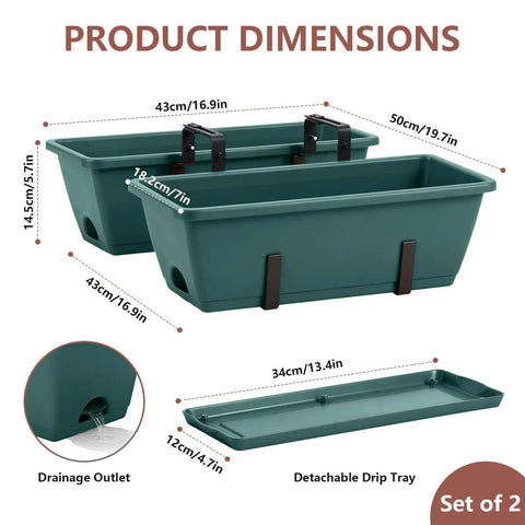 Pretty Cool Set Of Two Deck Railing Planters With No Sweat Hanging System Perfect For Balcony Window Boxes, 16 inch green planters with dimensions.