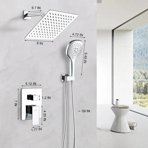 Polished Chrome Shower System With Wall Mounted Rainfall 8 Inch Shower Head And Handle Set Includes Rough In Valve Body And Trim Kit