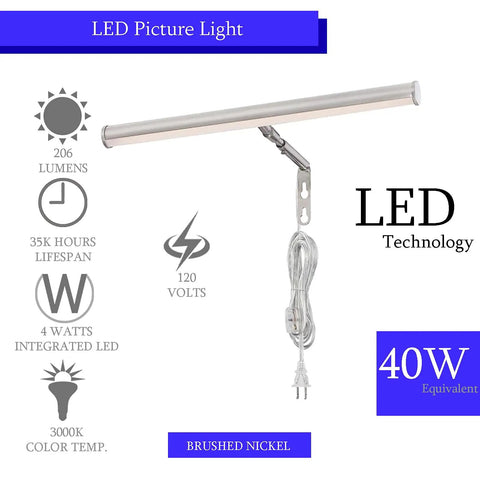 14 Inch Picture Light With Integrated LED 3000K Warm White 4W (40W Eqv) Metal Wall Mount Artwork Display Light CRI90 Brushed Nickel
