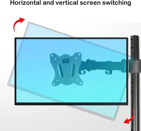 Heavy Duty Floor TV Stand For Triple Displays With Fully Adjustable Arms For 14 To 27 Inch Screens showing horizontal and vertical screen switching.