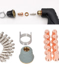 Get Ready For Heavy Duty Cuts With This 22PC Plasma Cutting Consumables Kit. Includes Premium Brass Electrodes Nozzles Caps And Guide For Your PT 60 Torch Replacement Set That Keeps Your Machine Running Smooth And Efficient Every Single Time Without Any. Image showing 22PC plasma cutting consumables parts including nozzles, electrodes, and caps.