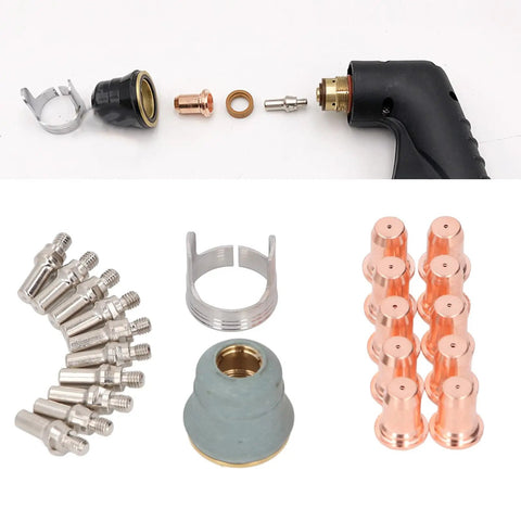 Get Ready For Heavy Duty Cuts With This 22PC Plasma Cutting Consumables Kit. Includes Premium Brass Electrodes Nozzles Caps And Guide For Your PT 60 Torch Replacement Set That Keeps Your Machine Running Smooth And Efficient Every Single Time Without Any. Image showing 22PC plasma cutting consumables parts including nozzles, electrodes, and caps.