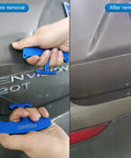 PlateLine Car Emblem Removal Tool Kit With Aluminum Alloy Handle And 60cm PE Cable Set in use on vehicle badge removal, before and after.