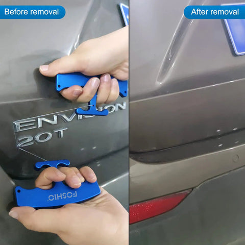PlateLine Car Emblem Removal Tool Kit With Aluminum Alloy Handle And 60cm PE Cable Set in use on vehicle badge removal, before and after.