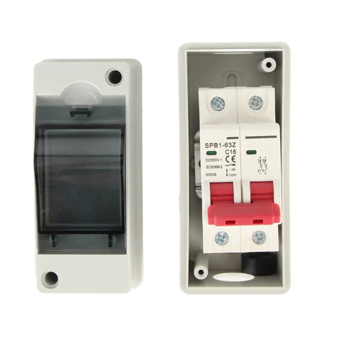 DC Solar Panel Breaker 16A 500V Outdoor Disconnect Switch IP65 DIN Rail Enclosure for RV and Off-Grid Solar Power