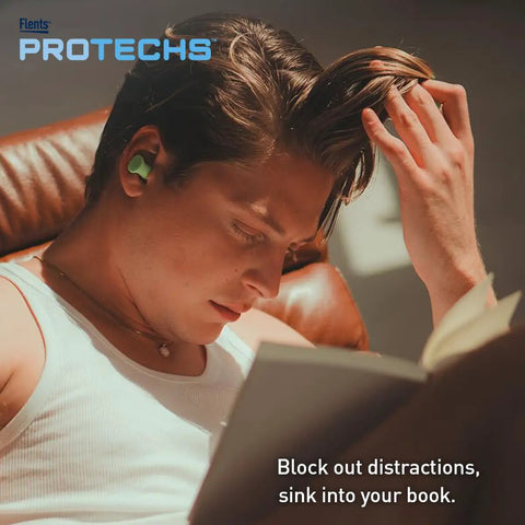 Person reading with Multi Purpose Foam Ear Plugs With Case For Sleep Travel Work Concerts Shooting Snoring Studying And Loud Noise Reduction NRR 33 Green Made In USA 10 Pairs