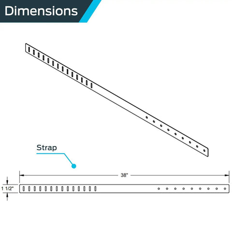 Dimension diagram of QS-50 80 Gallon Water Heater Restraint System With Front-Adjust Quick Link showing 38 inch strap.