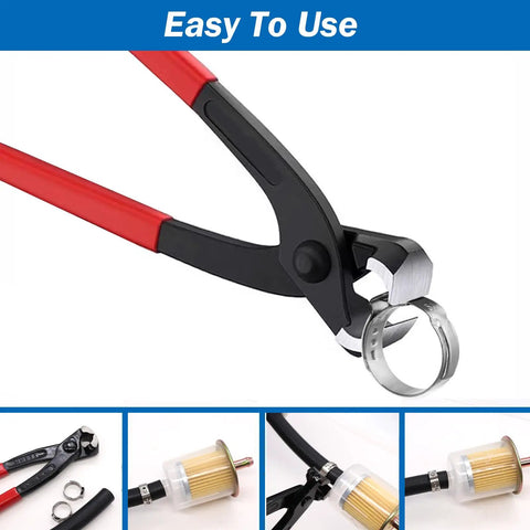 9 Inch Hose Clamp Pliers Crimping Tool Workhorse with red handles, open cutting jaw, for installing and removing clamps, heavy duty.