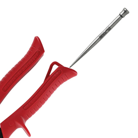 Rock Solid Heavy Duty Three Point Five Inch Scratch Awl Forged From Premium Steel Scribes Sheet Metal Precision Hole Alignment with red handle.