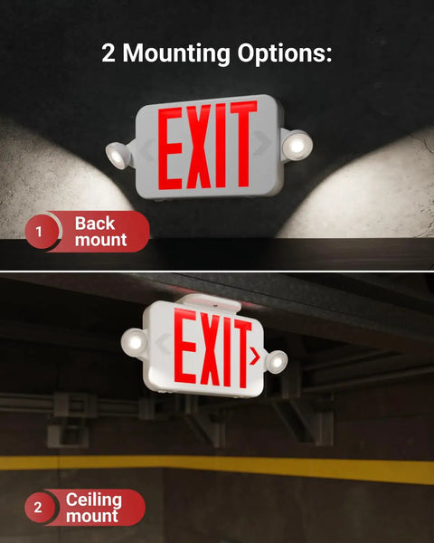 Red LED Exit Sign With Emergency Lights And Backup Battery, Super Bright 200 Lumen Output, Adjustable Side Lights on wall and ceiling mount