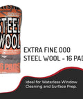 Extra Fine Steel Wool Pads 000 16 Pack For Ultra Smooth Finish Scratch Free Surface Prep Waterless Window Cleaning Polishing Finishing And Woodworking Abrasive in packaging