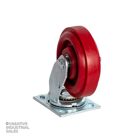 Straight Up Heavy Duty 6 Inch Polymer Swivel And Rigid Casters With Precision Sealed Bearings 1400 Lbs Capacity swivel caster with red wheel and metal mounting plate.