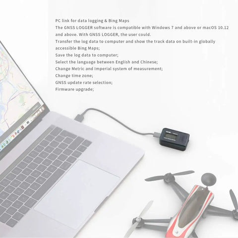 High Precision GNSS GPS Speed Meter For RC Drones And FPV Quads connected to laptop next to drone, showing usage