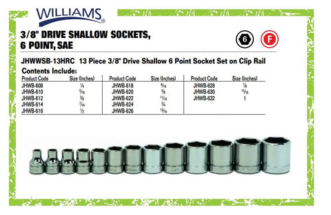 Pro Grade Thirteen Piece Three Eighths Inch Drive Shallow Six Point Socket Set With Quarter Inch To One Inch Sizes lineup