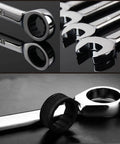 Close-up of Spanner Set With Ratchet Wrenches Chrome Steel Fixed Head Wrenches Universal Sockets showing anti-rust finish.