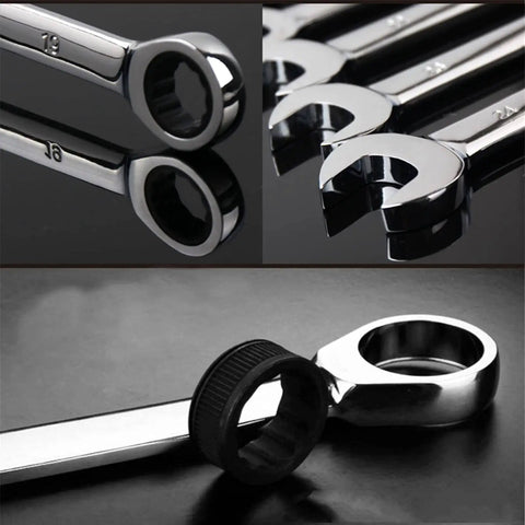 Close-up of Spanner Set With Ratchet Wrenches Chrome Steel Fixed Head Wrenches Universal Sockets showing anti-rust finish.