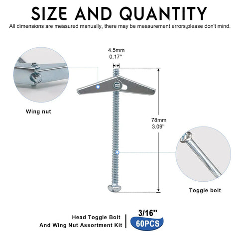 Sixty Pack Three Sixteenth Inch Zinc Plated Steel Toggle Bolts With Round Head And Wing Nuts For Hanging Heavy Items On Drywall Durable Rust Resistant Fastener Set, 3/16" 60pcs