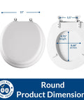 Diagram of padded toilet seat with chrome hinges, round white, showing dimensions: 15" width, 16.8" height, 9.75" length, 8.68" across.