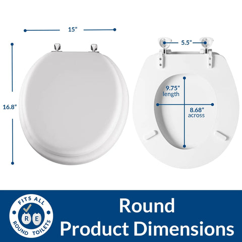 Diagram of padded toilet seat with chrome hinges, round white, showing dimensions: 15" width, 16.8" height, 9.75" length, 8.68" across.
