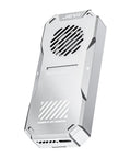 Blazing Fast 80Gbps M.2 2280 NVMe Enclosure With Dope Turbo Cooling Fan and Slick External SSD Adapter, sleek silver design.