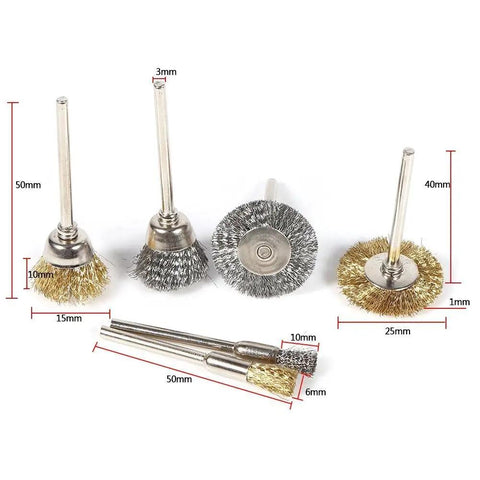 36 Piece Brass And Steel Wire Brush Polishing Wheel Kit for rotary tools showing detailed brush sizes and designs for polishing use