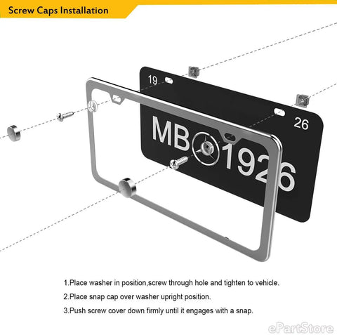 Diagram showing installation of Stainless Steel License Plate Screws And Chrome Caps Fasteners Kit For Cars Trucks SUVs Rustproof.