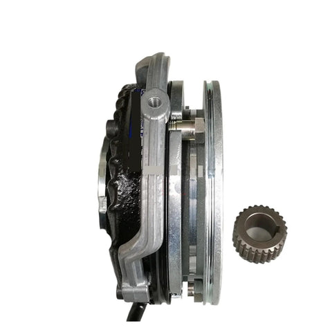 Electromagnetic clutch and brake module side view; metal housing, shaft adapters for 11mm or 15mm