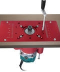 Hassle Free Router Lift System With 65 Mm Universal Table Insert Plate and Smooth Precision Height Adjustment, red color, used for trimming.