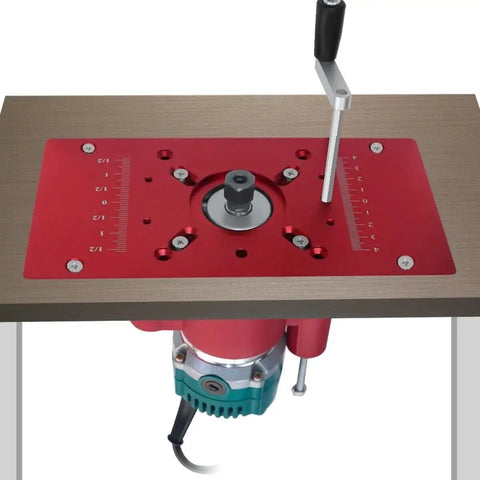 Hassle Free Router Lift System With 65 Mm Universal Table Insert Plate and Smooth Precision Height Adjustment, red color, used for trimming.