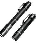 Compact 3 Mode LED Flashlight With Clip for EDC, two black aluminum torches with textured grip and durable clips, side view.