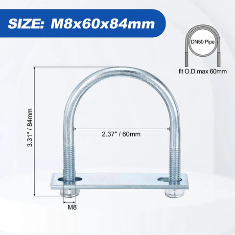 Rock Solid Carbon Steel U Bolts 2 Pack Round U Bolt Kits M8x60x84 showing size and dimensions for heavy duty pipe clamps.