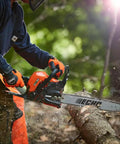 Person using Beast 16 Inch Gas Chainsaw With 34.4cc 2 Stroke Engine Rear Handle Auto Oiler And Easy Start System outdoors