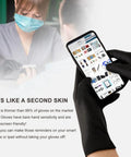 Hella Tough Black Nitrile Disposable Gloves With Killer Textured Grip And 5 Mil Puncture Resistance Latex Free Cleaning Gloves For Industrial And Household Tasks One Hundred Count Large Size being used on a smartphone.