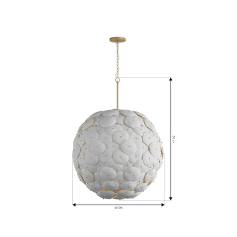 Contemporary Coastal 9 Light Pendant Featuring Legacy Brass Finish And Clean White Ceramic Shades Perfect For Bathrooms Laundry Rooms Or Covered Patios, 36 inch diameter, 47.5 inch height.