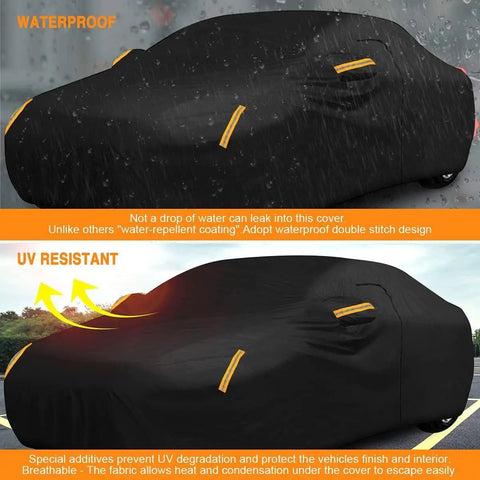 Heavy Duty All Weather Tough As Nails Sedan Car Cover Waterproof Anti UV cover protecting car from rain and sunlight.