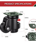 Rock Solid 6600 Lb Plate Mount Leveling Casters With Silver Steel Polyurethane Wheels Four Pack showcasing specifications and dimensions.