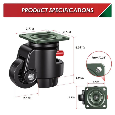 Rock Solid 6600 Lb Plate Mount Leveling Casters With Silver Steel Polyurethane Wheels Four Pack showcasing specifications and dimensions.