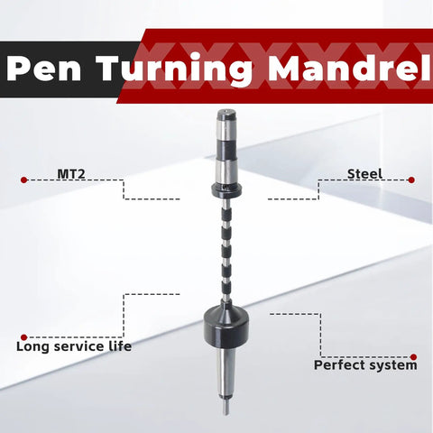 Close-up of MT2 Pen Turning Mandrel Kit With Mandrel Saver, 2MT Shank, including steel structure and features labeled.