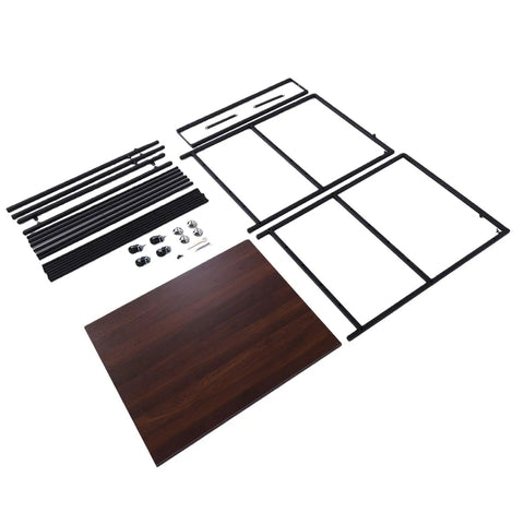 Heavy Duty 3D Printer Workbench With Mega Filament Spool Storage Removable Wood Desk Top And Legit Sturdy Alloy Steel Frame parts laid out.