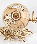 Three Dimensional Wooden Globe Puzzle Kit For Adults, Mechanical World Model, Brain Teaser And Educational Globe Build Set, DIY Wooden Globe Craft Hobby For Adults To Build And Show Off. Wooden globe puzzle kit with gears and rubber-band motor, front view