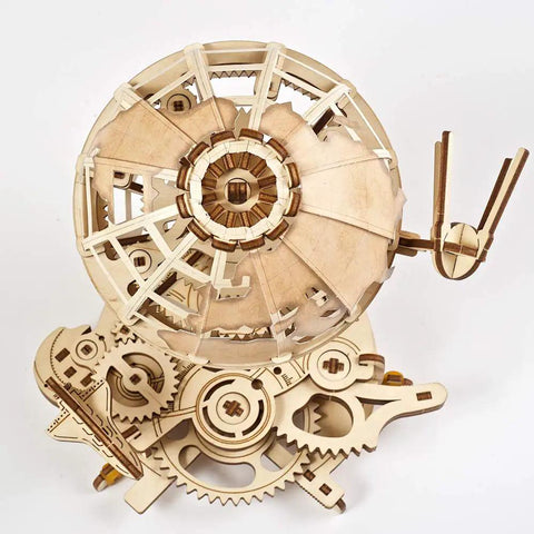 Three Dimensional Wooden Globe Puzzle Kit For Adults, Mechanical World Model, Brain Teaser And Educational Globe Build Set, DIY Wooden Globe Craft Hobby For Adults To Build And Show Off. Wooden globe puzzle kit with gears and rubber-band motor, front view