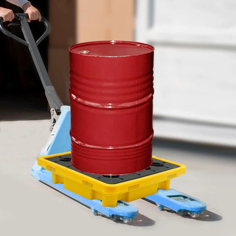Spill Containment Pallet With Drain 26.4 By 26.4 By 5.9 Inches HDPE with red barrel on pallet jack