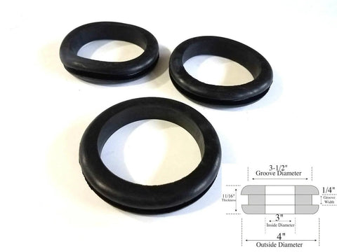 Pack Of 3 Rubber Grommets, Three Inch Inside Diameter, One Quarter Inch Groove Width, Fits Three And One Half Inch Drill Holes